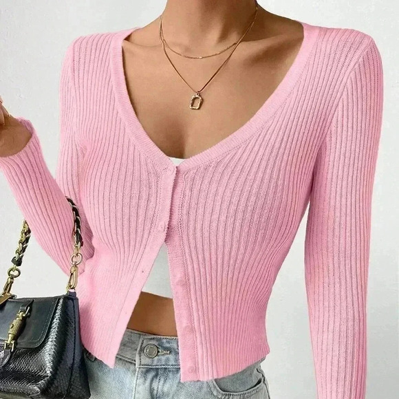 Pink Casual Women's Slim Solid Color Rib Knit Cardigan - Picture 1 of 7